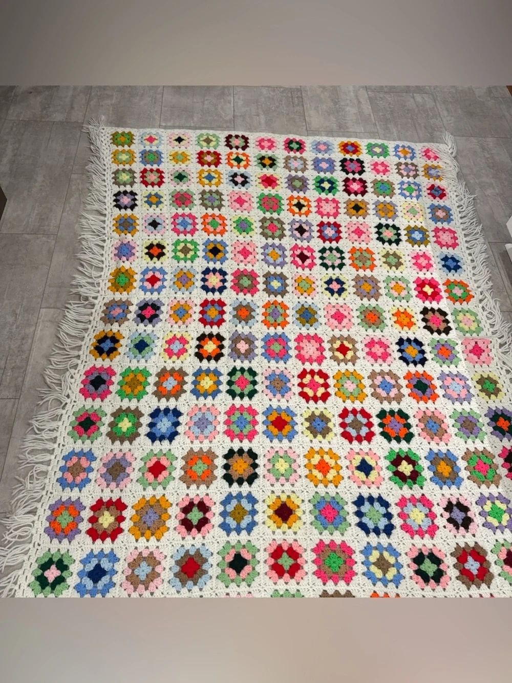 Handmade white granny square crochet blanket 55x71 vintage